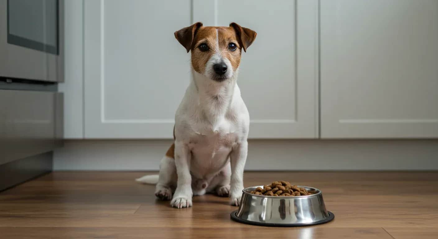 A Jack Russell Terrier sitting next to a food bowl filled with kibble, representing proper nutrition and feeding practices for this active breed