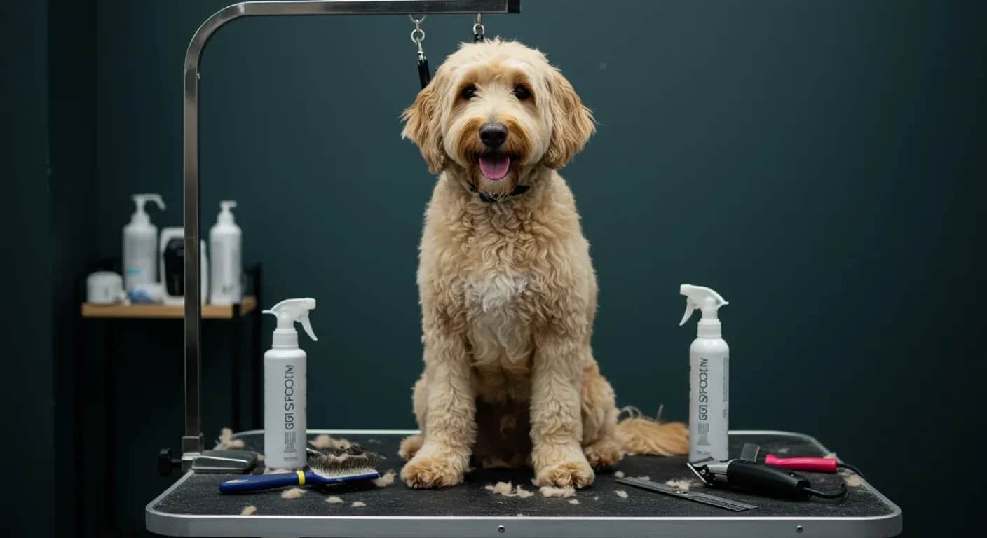 A well-groomed Goldendoodle sitting on a grooming table surrounded by professional grooming tools, representing the comprehensive grooming care discussed in the article