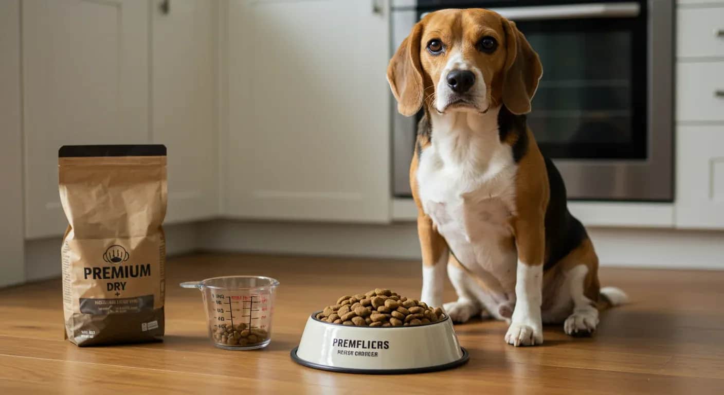 A healthy Beagle sitting next to their food bowl and measuring cup in a modern kitchen, illustrating proper nutrition and portion control for the breed