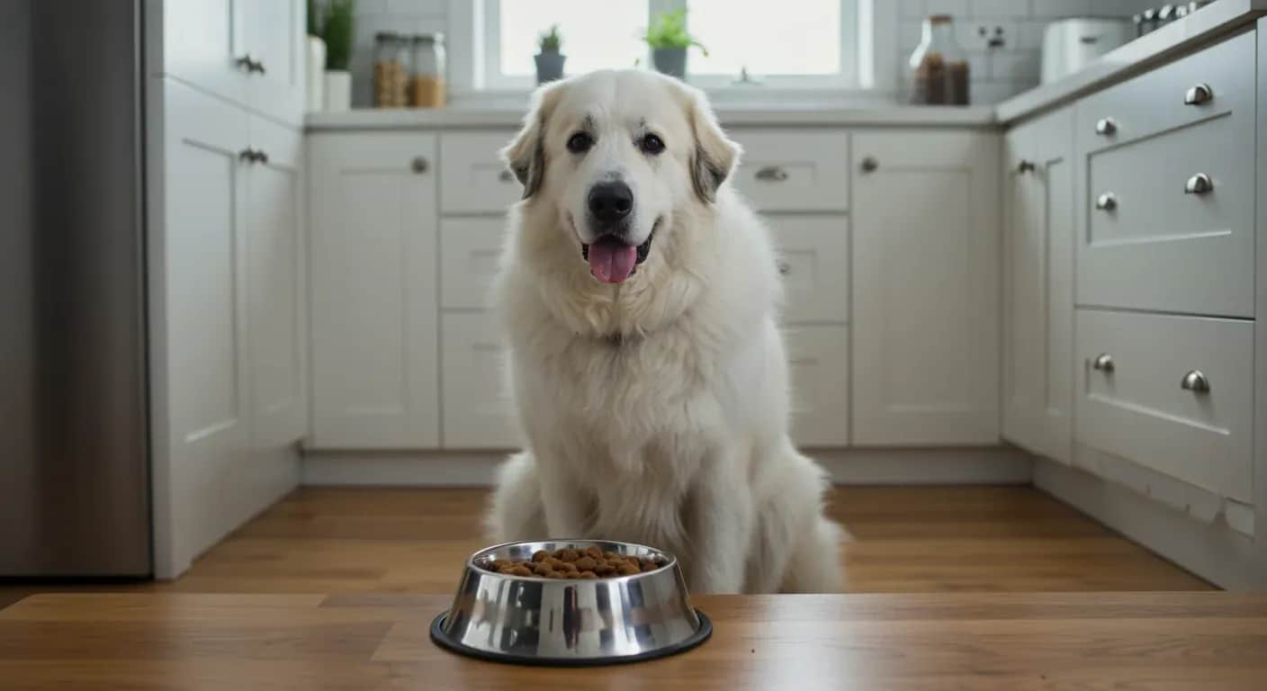 A beautiful white Great Pyrenees dog sitting next to a food bowl, representing the article's focus on proper nutrition for this large breed