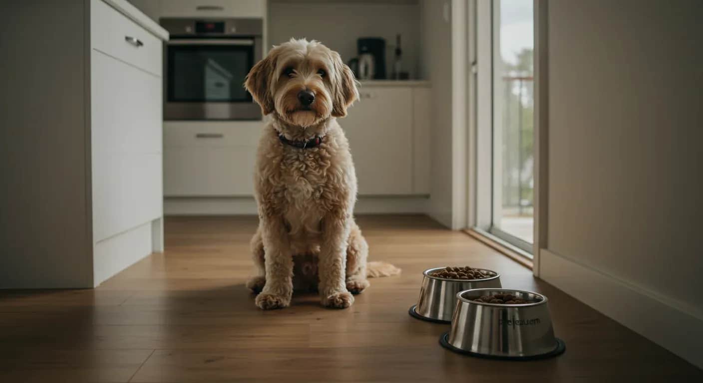 A cream Labradoodle sitting beside food bowls in a modern kitchen, representing the article's focus on proper nutrition and feeding for this breed