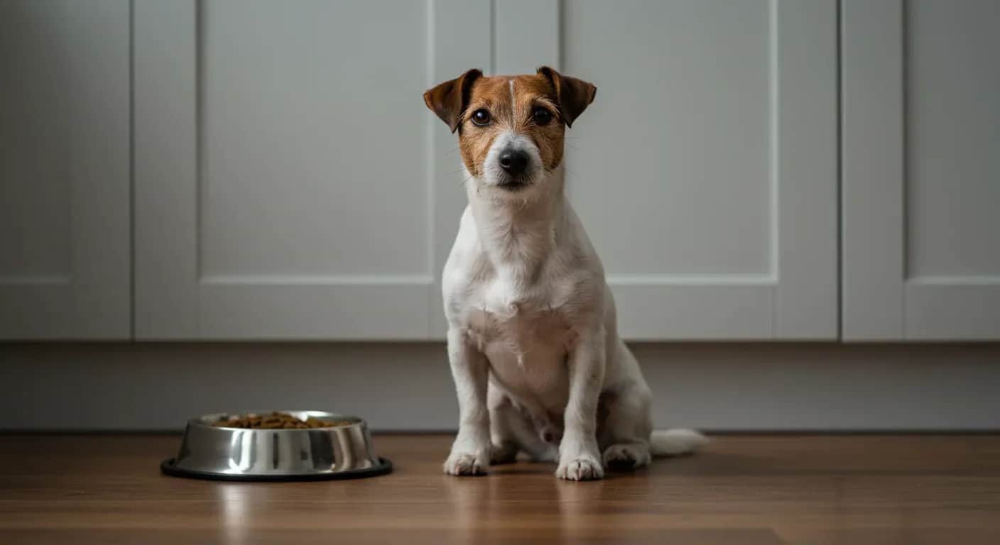 Alert Jack Russell Terrier sitting next to a food bowl in a modern kitchen, demonstrating the breed's compact size and energetic nature relevant to their specific nutritional needs