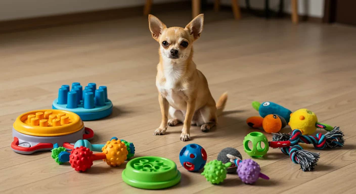 A Chihuahua sitting among various mental stimulation toys including puzzles and treat dispensers, demonstrating the variety of enrichment options available for small dogs