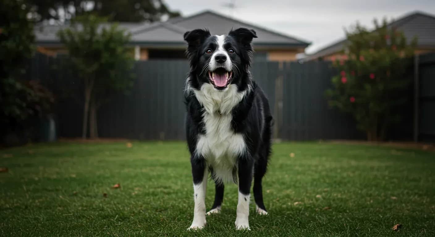 Black and white Border Collie barking in a backyard, demonstrating the vocal behavior discussed in the article about managing Border Collie barking