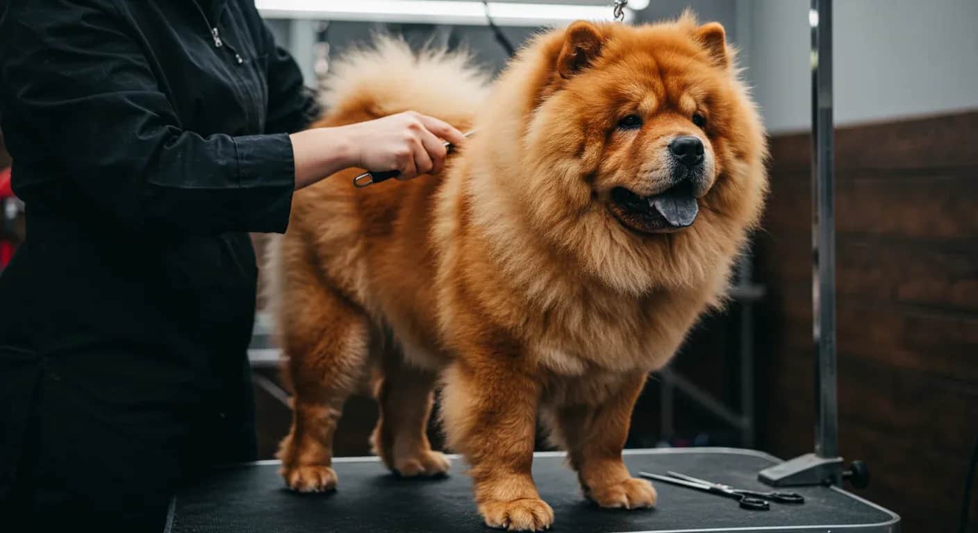 A fluffy Chow Chow being groomed with a brush, showcasing the breed's thick double coat that requires regular maintenance and care
