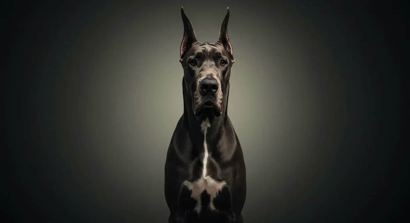A beautiful Great Dane standing prominently in the center of the frame at a veterinary clinic, representing the breed's majestic appearance while highlighting the importance of health monitoring for these gentle giants