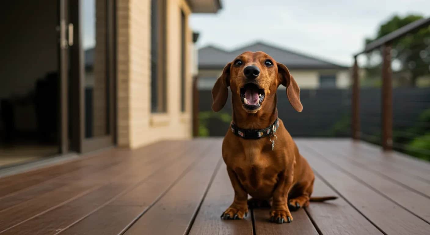 A red Dachshund barking while sitting on a wooden deck, demonstrating the breed's vocal nature discussed in the article about managing excessive barking behavior