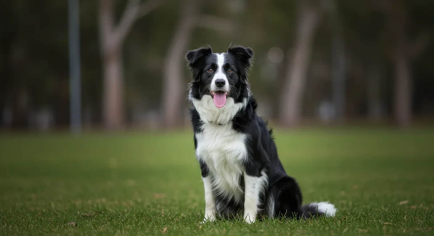 A Border Collie sitting centered in frame on grass, representing the breed discussed in the hip dysplasia management article