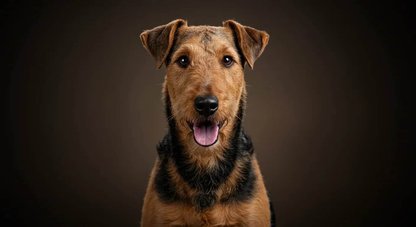 Professional portrait of a well-groomed Airedale Terrier showcasing the breed's distinctive wiry coat and alert expression, representing proper grooming care