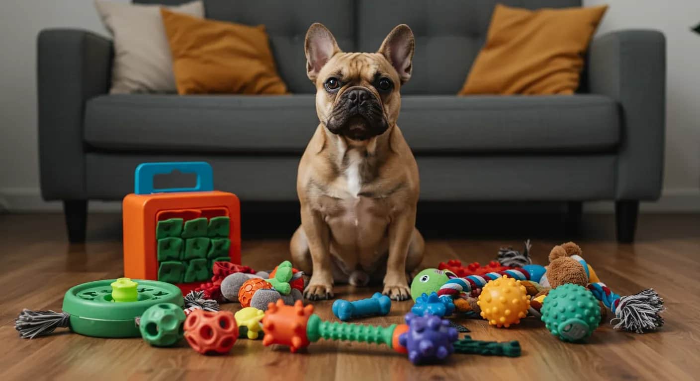 A fawn French Bulldog sits centered among various dog toys including puzzle feeders and chew toys, illustrating the article's focus on selecting appropriate playtime toys for French Bulldogs