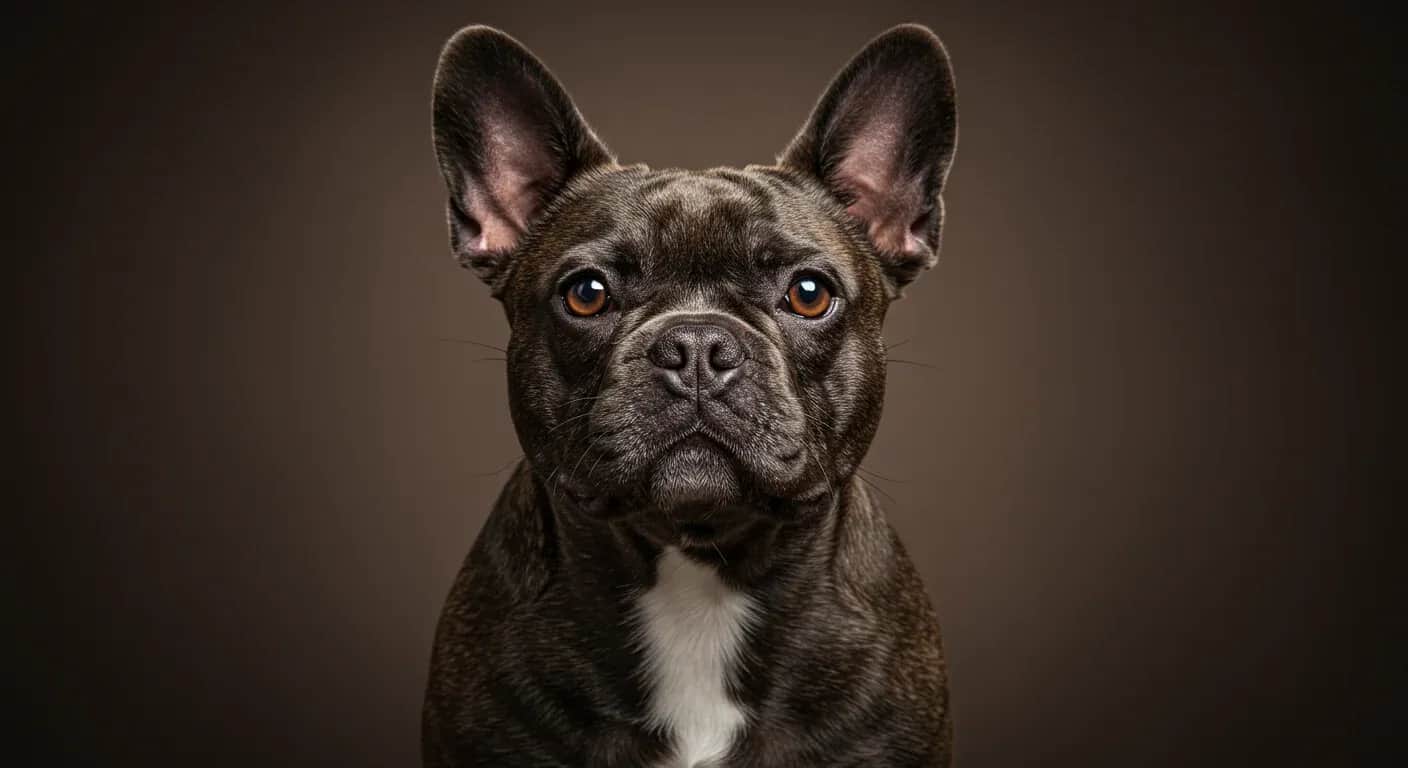 Close-up portrait of a French Bulldog with prominent facial wrinkles and smooth coat, demonstrating the breed's distinctive features that require specialized grooming care