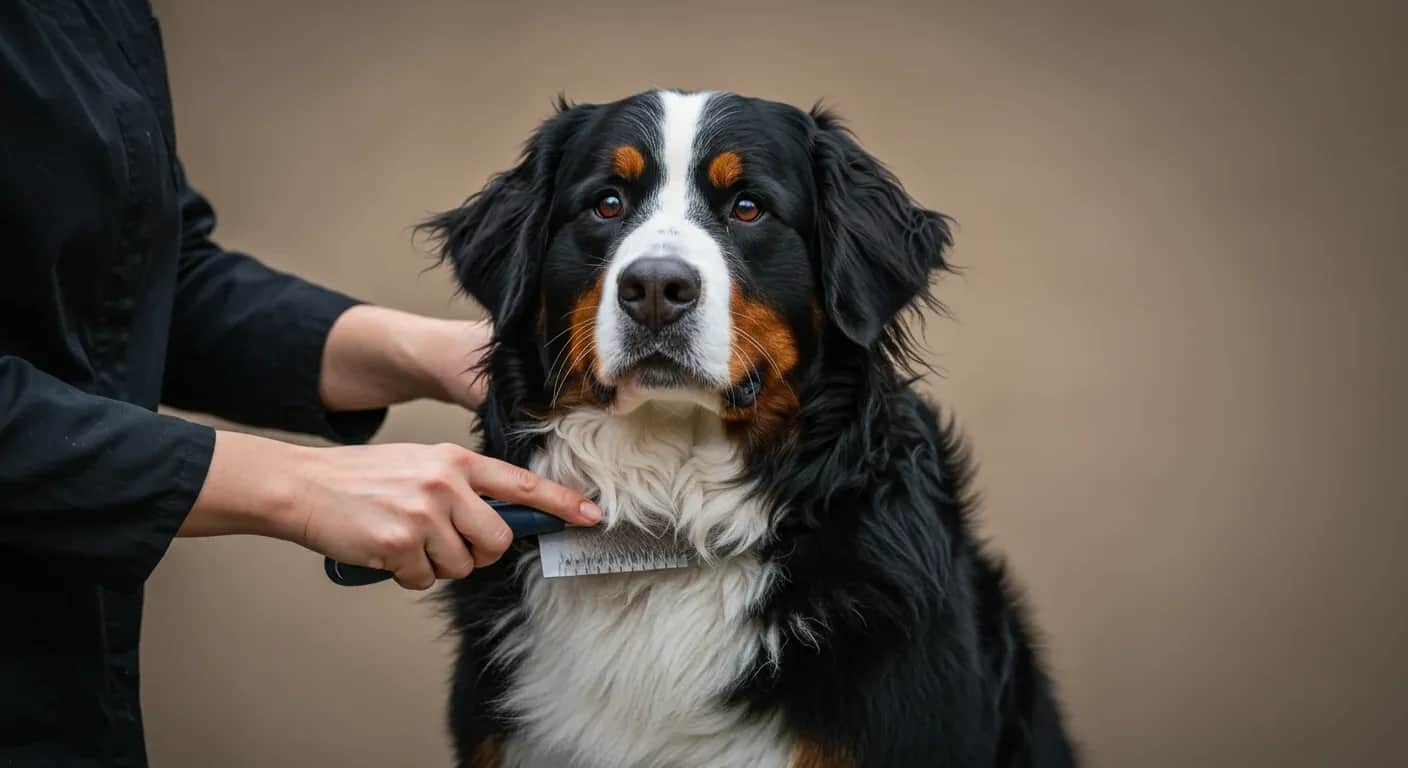 A beautiful Bernese Mountain Dog being brushed during a grooming session, demonstrating the proper care techniques for their distinctive double coat