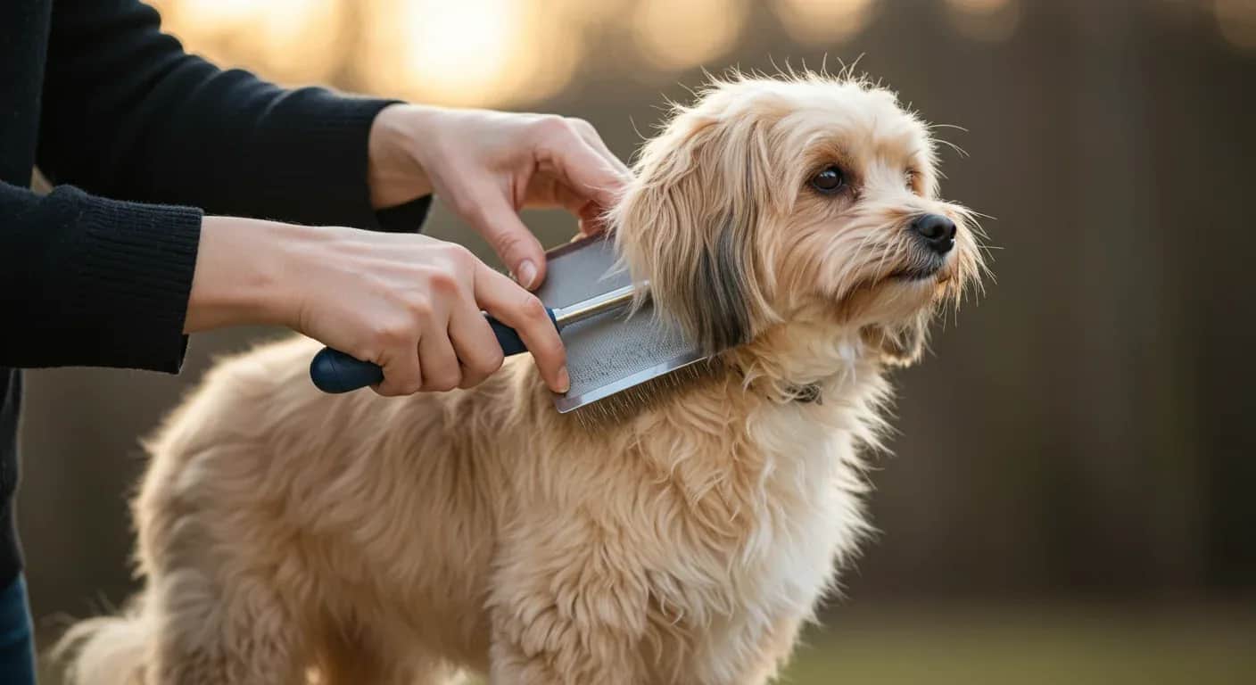 A Havanese dog with flowing silky coat being brushed during a grooming session, demonstrating the daily care routine essential for this breed