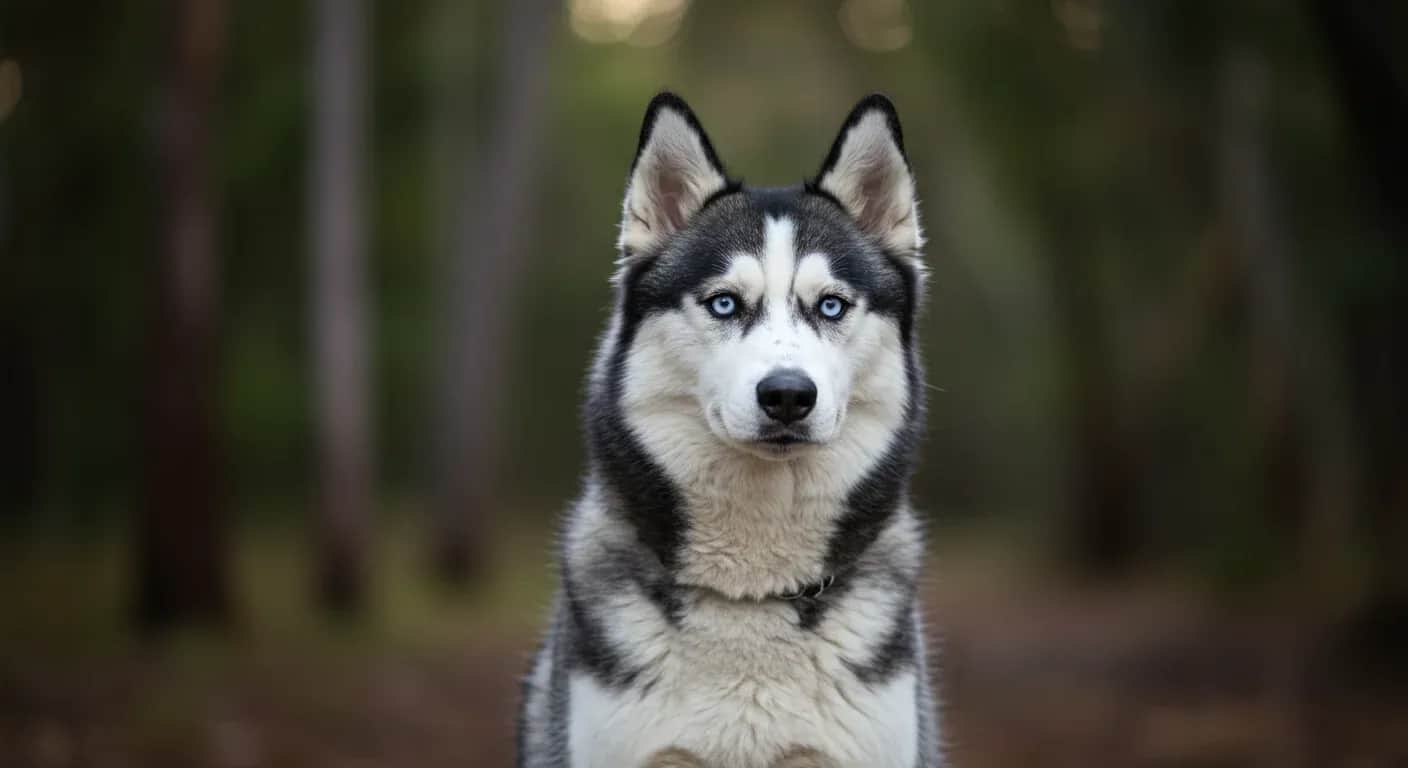 A Siberian Husky with blue eyes sitting centered in frame, displaying the breed's intelligent and independent expression that reflects their challenging but rewarding training nature