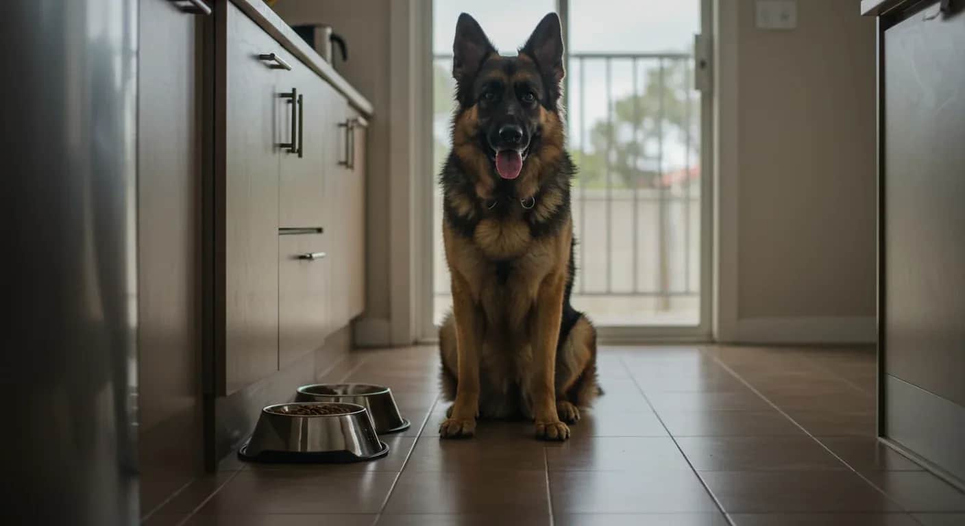 A German Shepherd sitting in a kitchen next to feeding bowls, representing proper feeding practices to prevent bloat
