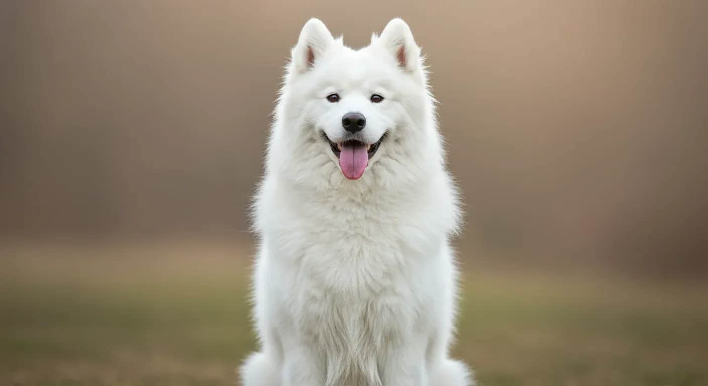 A well-groomed Samoyed dog with fluffy white coat sitting in center of frame, demonstrating the beautiful coat condition that proper grooming achieves