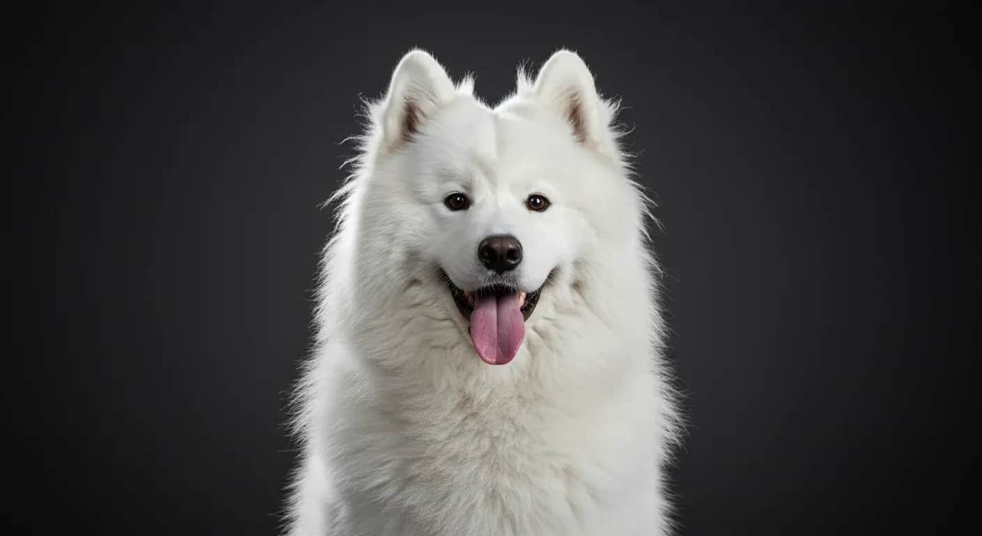 A fluffy white Samoyed dog centered in the frame showing their thick double coat, illustrating the breed's natural shedding characteristics discussed in the article