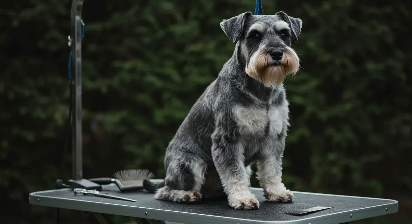 Professional portrait of a well-groomed Schnauzer centered in frame, showcasing the breed's distinctive wiry coat, eyebrows and beard, with grooming tools in the background