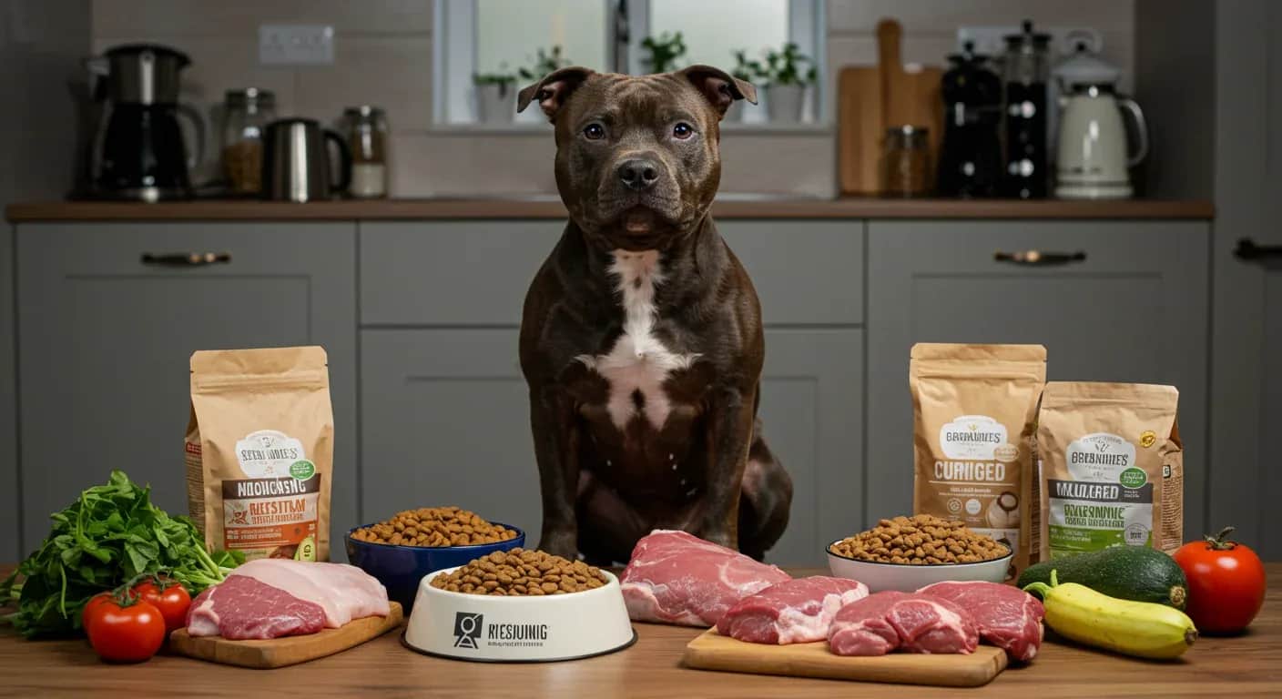 A well-built Staffordshire Bull Terrier surrounded by different types of quality dog food options including kibble, raw meat, and fresh ingredients, illustrating the comprehensive nutrition guide for this breed