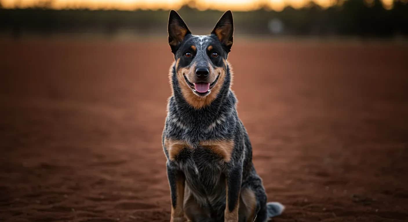 A healthy Blue Heeler sitting in centered composition against an Australian outback backdrop, representing the breed's longevity and vitality discussed in the article