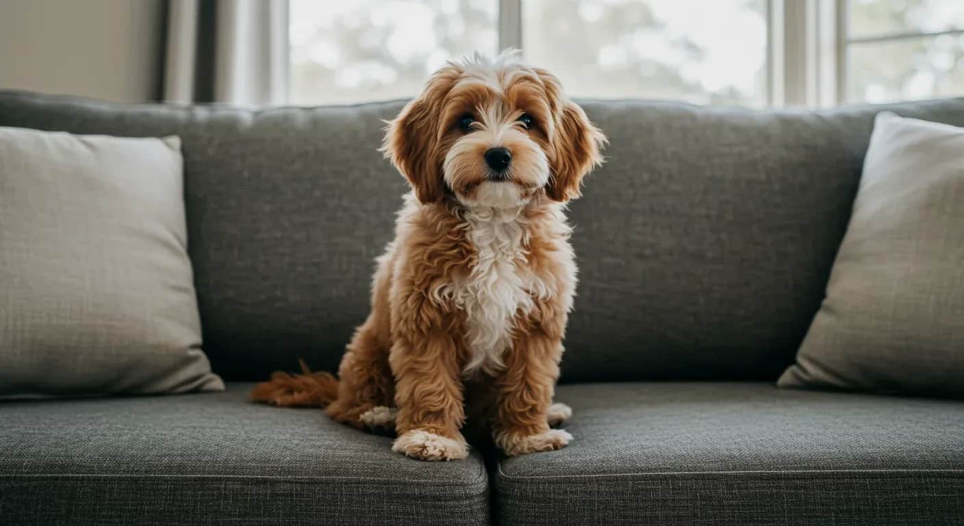 A friendly Cavoodle dog with fluffy cream-colored coat sitting on a living room sofa, demonstrating the breed's sweet and social temperament discussed in the article