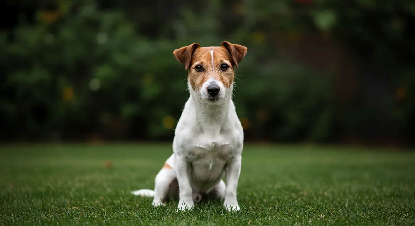 Alert Jack Russell Terrier sitting centered in frame looking directly at camera with perked ears and intelligent expression, demonstrating the breed's attentive and strong-willed temperament discussed in the training article