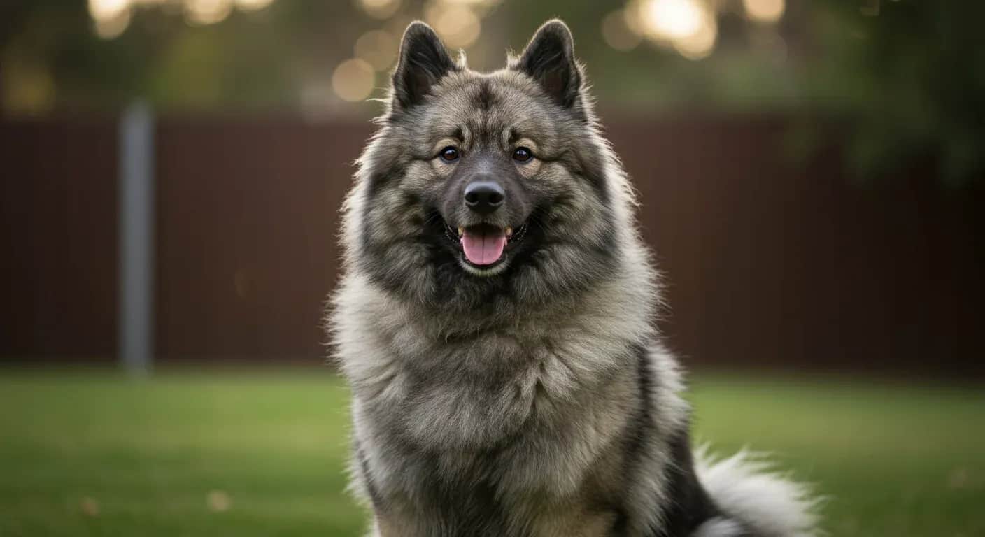 A centered portrait of a friendly Keeshond dog showcasing the breed's characteristic fluffy coat and intelligent expression, representing their social and companion nature discussed in the temperament guide