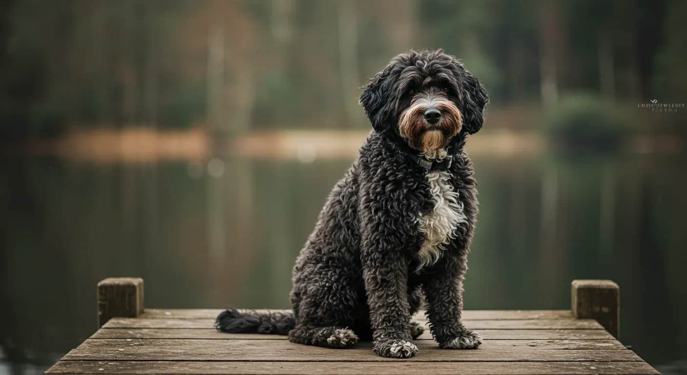 A healthy Portuguese Water Dog sitting on a wooden dock, representing the breed's longevity and connection to water work, with the dog centered in the composition