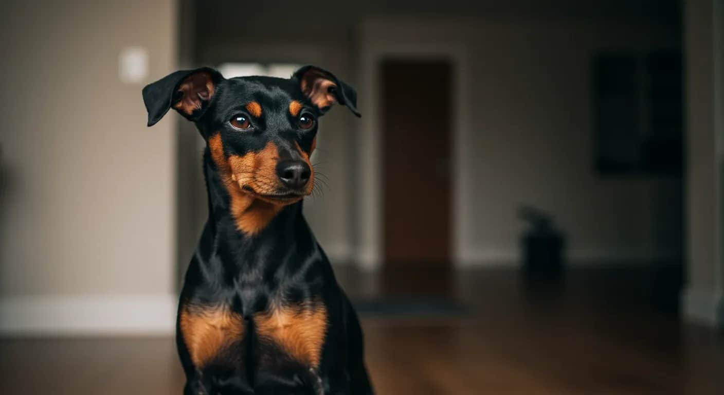 Alert Manchester Terrier with black and tan coat sitting in modern home interior, demonstrating the breed's intelligent and watchful temperament discussed in the article
