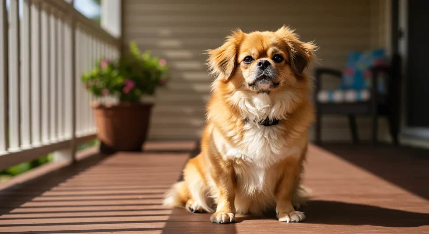 A healthy Tibetan Spaniel sitting centered on a sunny porch, representing the breed's impressive 15+ year lifespan and robust health discussed in the article