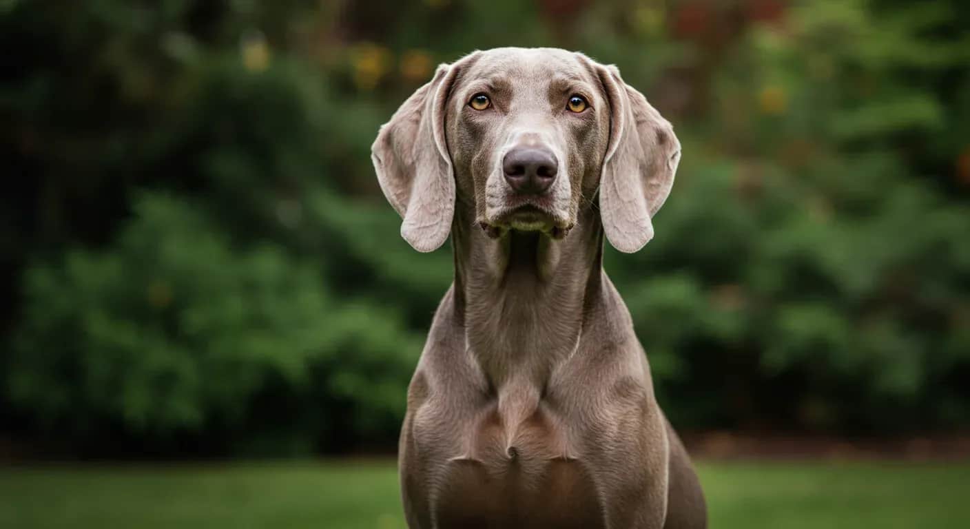 A dignified senior Weimaraner with characteristic silver-gray coat and amber eyes sits peacefully in a garden, representing the breed's graceful aging process and longevity