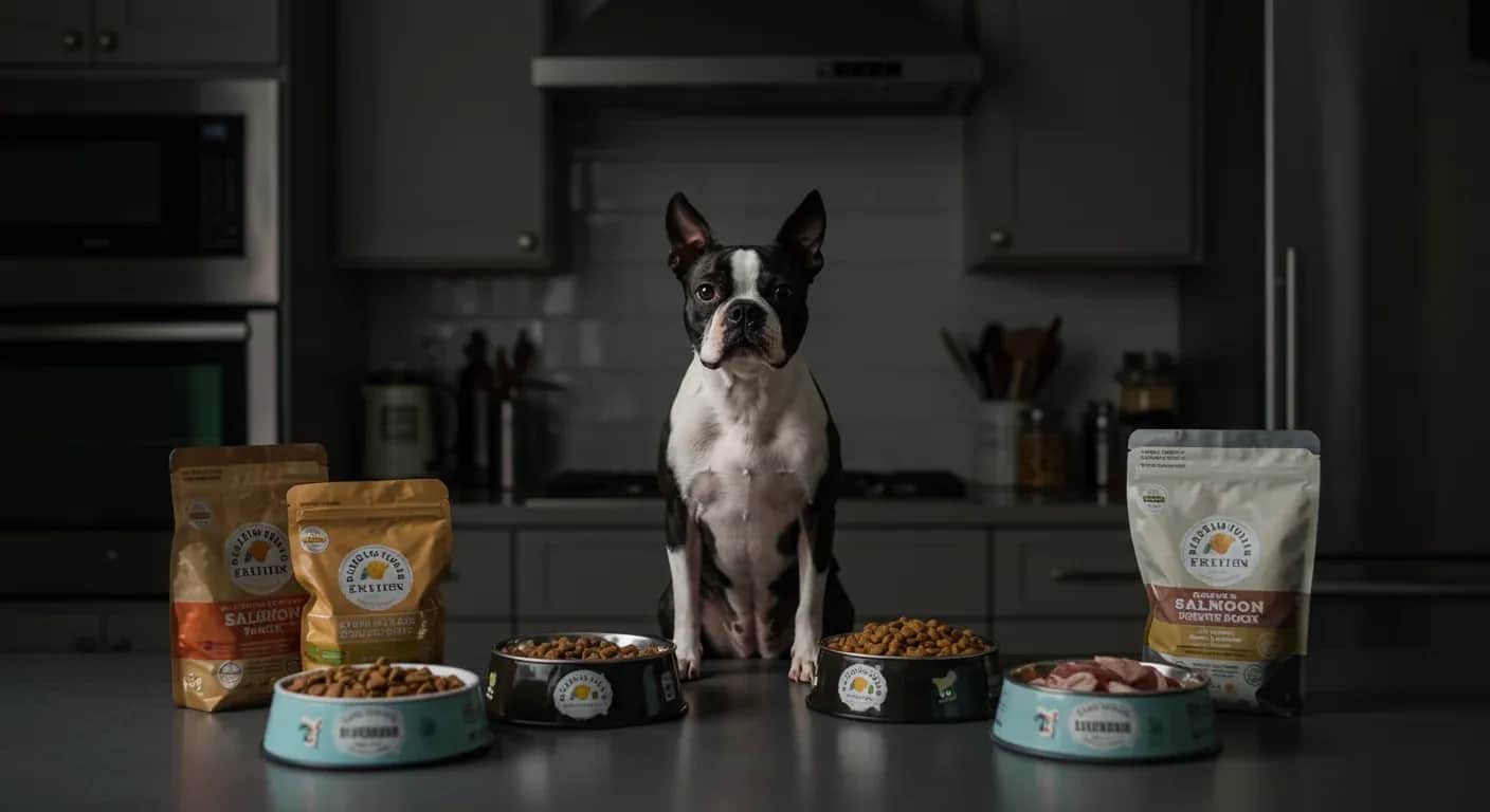 Boston Terrier sitting at kitchen counter with multiple bowls of different dog foods, illustrating the importance of choosing the right nutrition for this breed's sensitive dietary needs