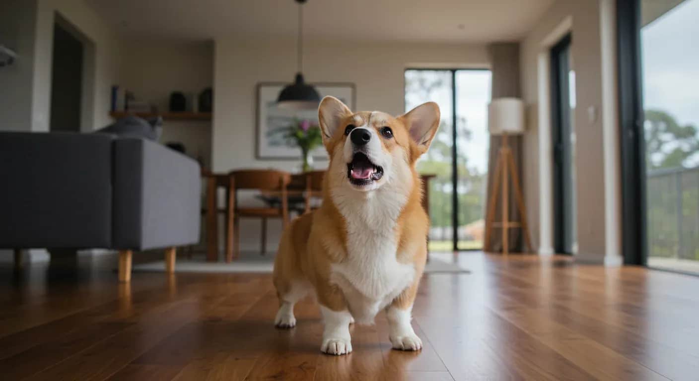 A Pembroke Welsh Corgi barking in a home setting, illustrating the breed's vocal communication tendencies discussed in the article