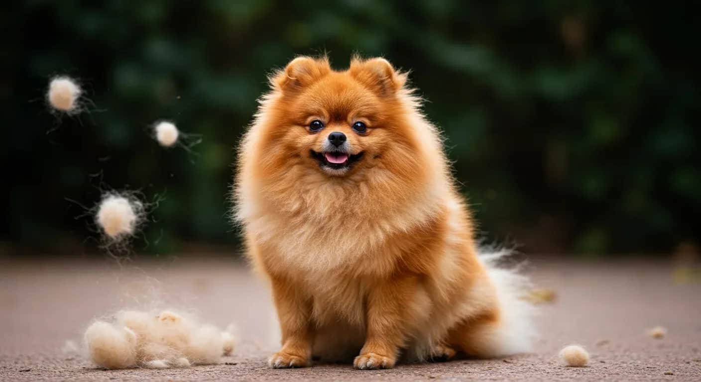 A fluffy orange Pomeranian sitting with visible loose fur around it, illustrating the natural shedding process that the article discusses