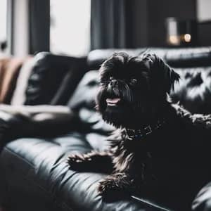 Affenpinscher sitting on a leather sofa