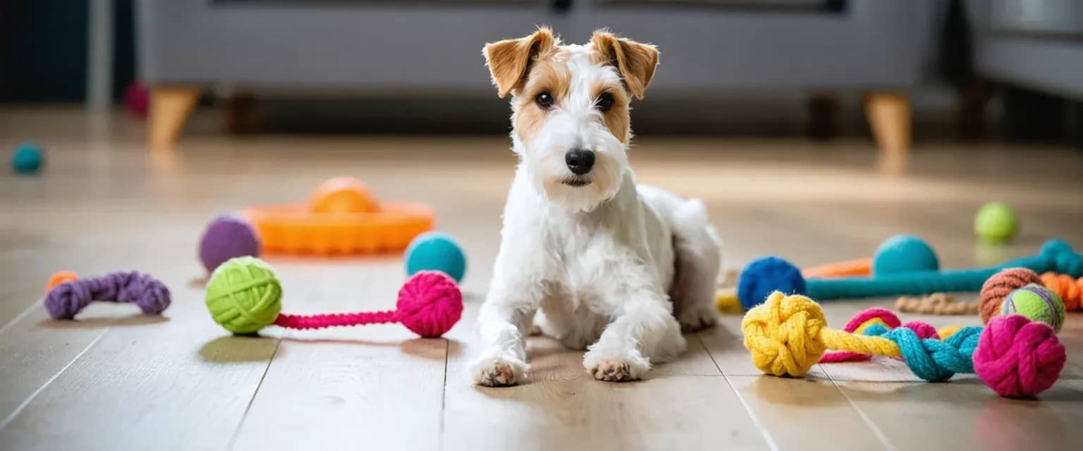 Wire Fox Terrier sitting centered among various dog toys including balls, ropes, and puzzle toys, illustrating the importance of choosing appropriate toys for this energetic breed