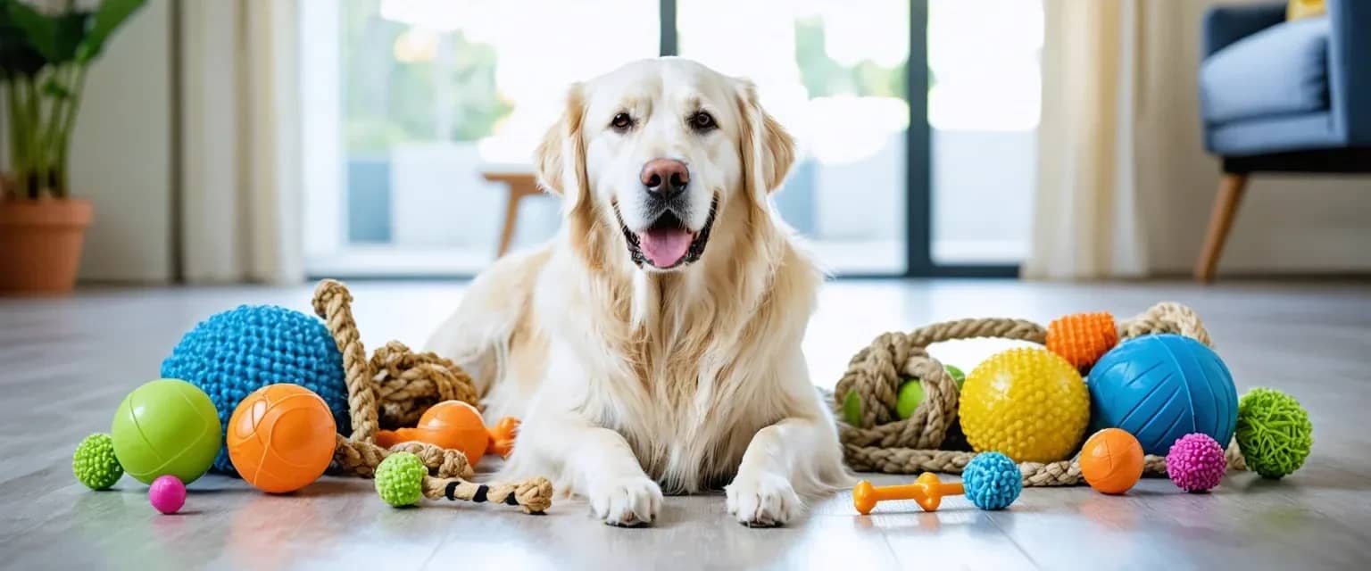 Adult Golden Retriever sitting surrounded by various chew toys including balls, ropes, and bones, demonstrating the variety of toys suitable for the breed