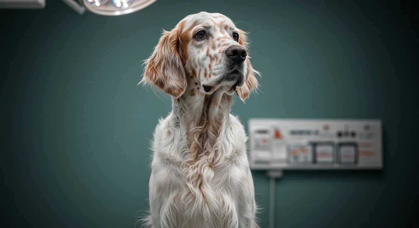 Healthy English Setter sitting in veterinary examination room, representing comprehensive health care and the breed's distinctive appearance discussed in the health guide