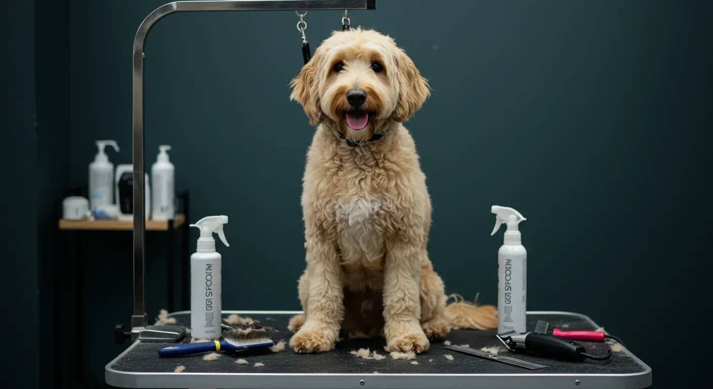 A well-groomed Goldendoodle sitting on a grooming table surrounded by professional grooming tools, representing the comprehensive grooming care discussed in the article