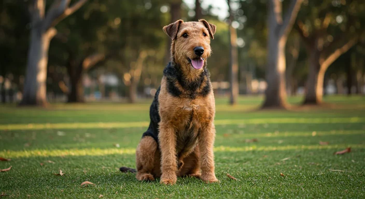 Healthy adult Airedale Terrier sitting in an Australian park, representing the breed's typical 10-13 year lifespan and vitality when properly cared for