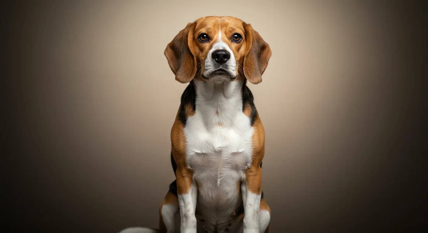 Professional portrait of a healthy Beagle sitting centered in frame, showcasing the breed's distinctive features including floppy ears and tricolor coat, representing the focus on Beagle health and wellness