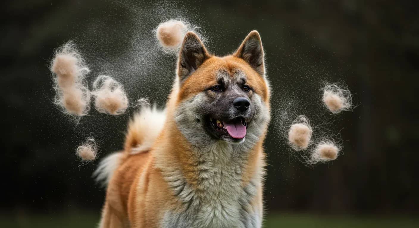 Close-up portrait of a red Akita dog actively shedding their thick double coat, with loose fur visible in the air around them, demonstrating the natural shedding process discussed in the article