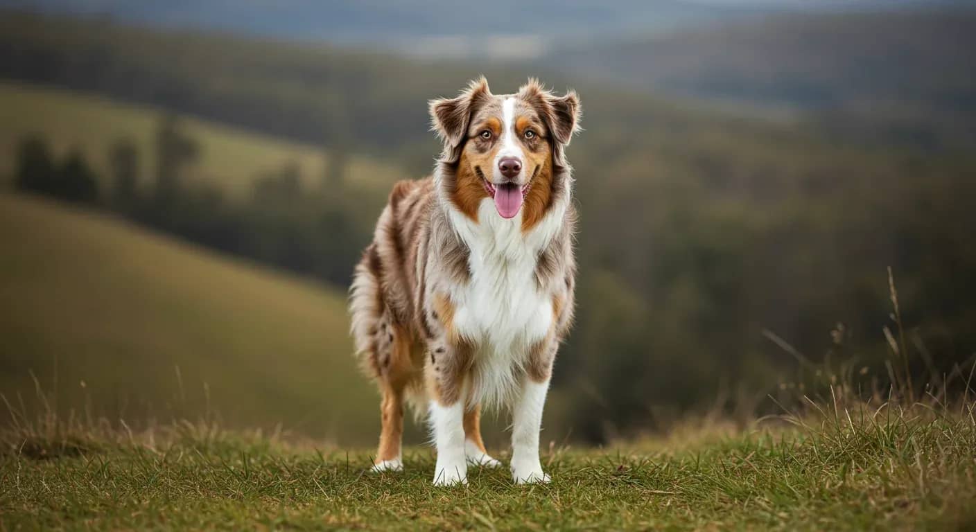 A healthy Australian Shepherd dog standing confidently on grassy terrain, representing the breed discussed in the hip dysplasia prevention and treatment article