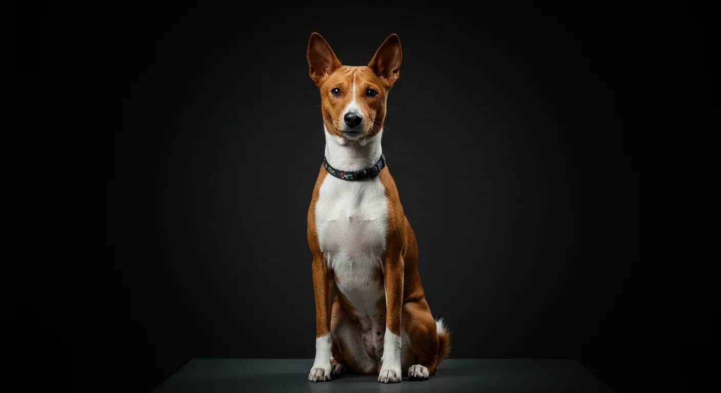 A healthy Basenji dog sitting in a veterinary clinic, representing the importance of proactive health monitoring and care for Fanconi Syndrome prevention