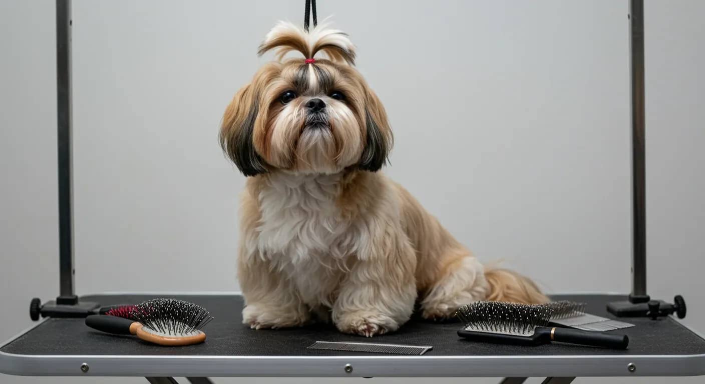 A well-groomed Shih Tzu with flowing coat sits centered on a grooming table surrounded by professional brushes, illustrating the comprehensive grooming tools needed for proper Shih Tzu coat care