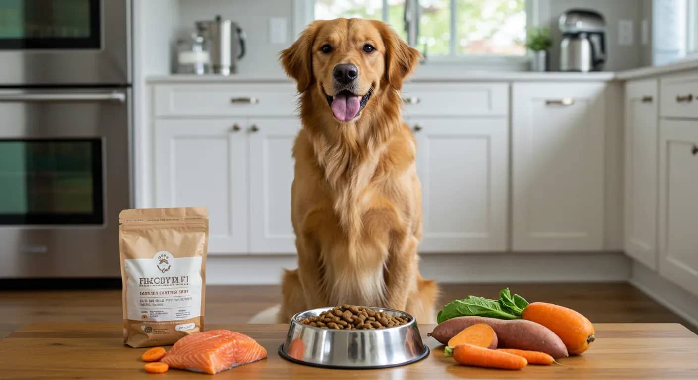 Golden Retriever sitting with premium dog food and fresh ingredients arranged around them, illustrating the balanced nutrition approach discussed in the article