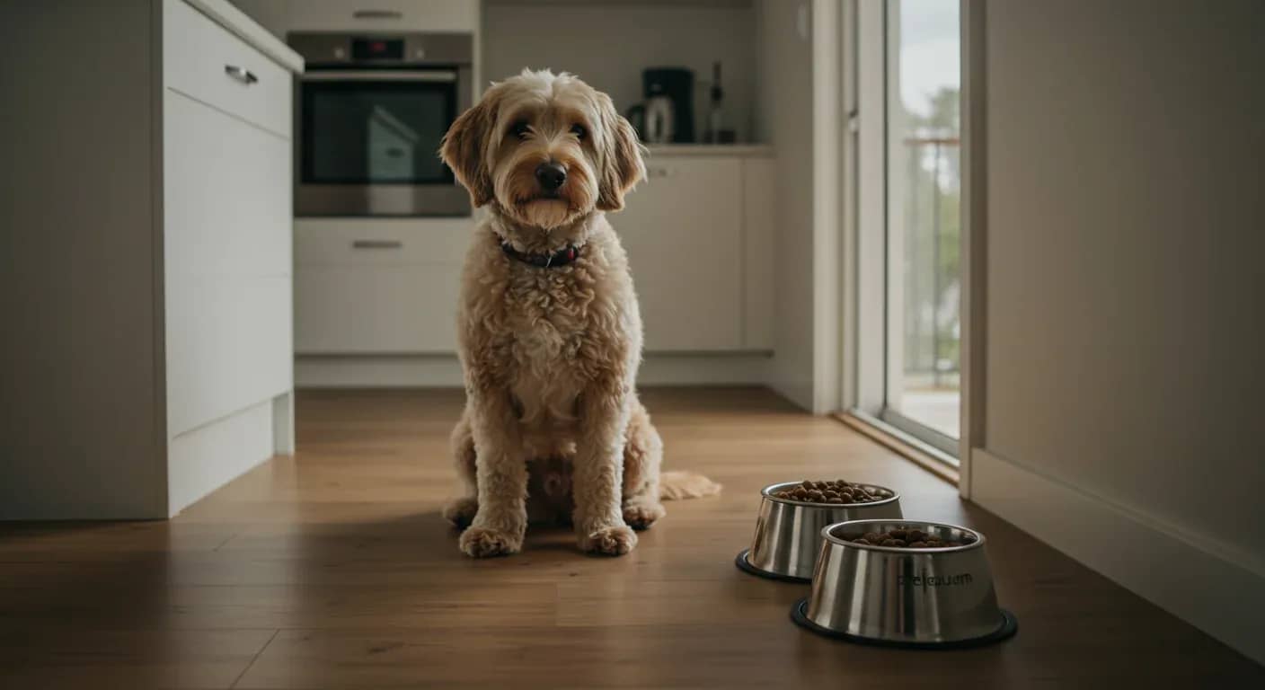 A cream Labradoodle sitting beside food bowls in a modern kitchen, representing the article's focus on proper nutrition and feeding for this breed