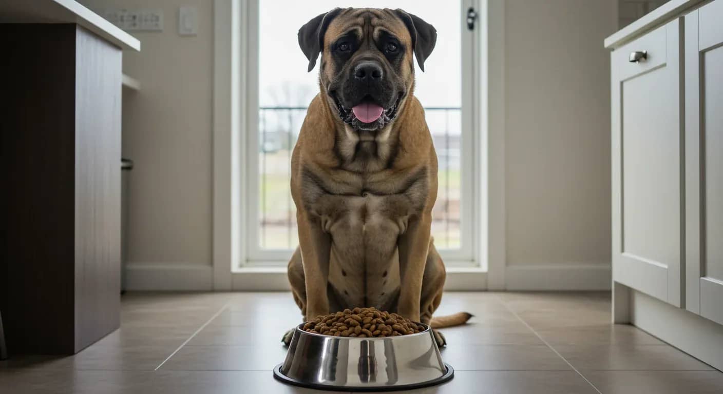 Large Mastiff dog sitting behind a food bowl in a modern kitchen, illustrating the article's focus on proper nutrition for giant breed dogs