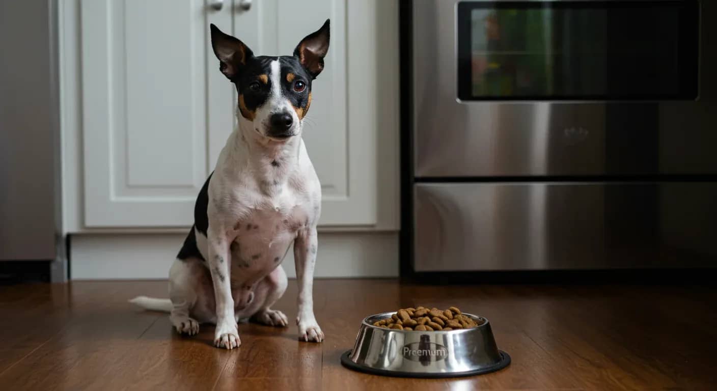 A well-groomed Rat Terrier sitting beside a food bowl in a modern kitchen, illustrating proper nutrition for this active small breed