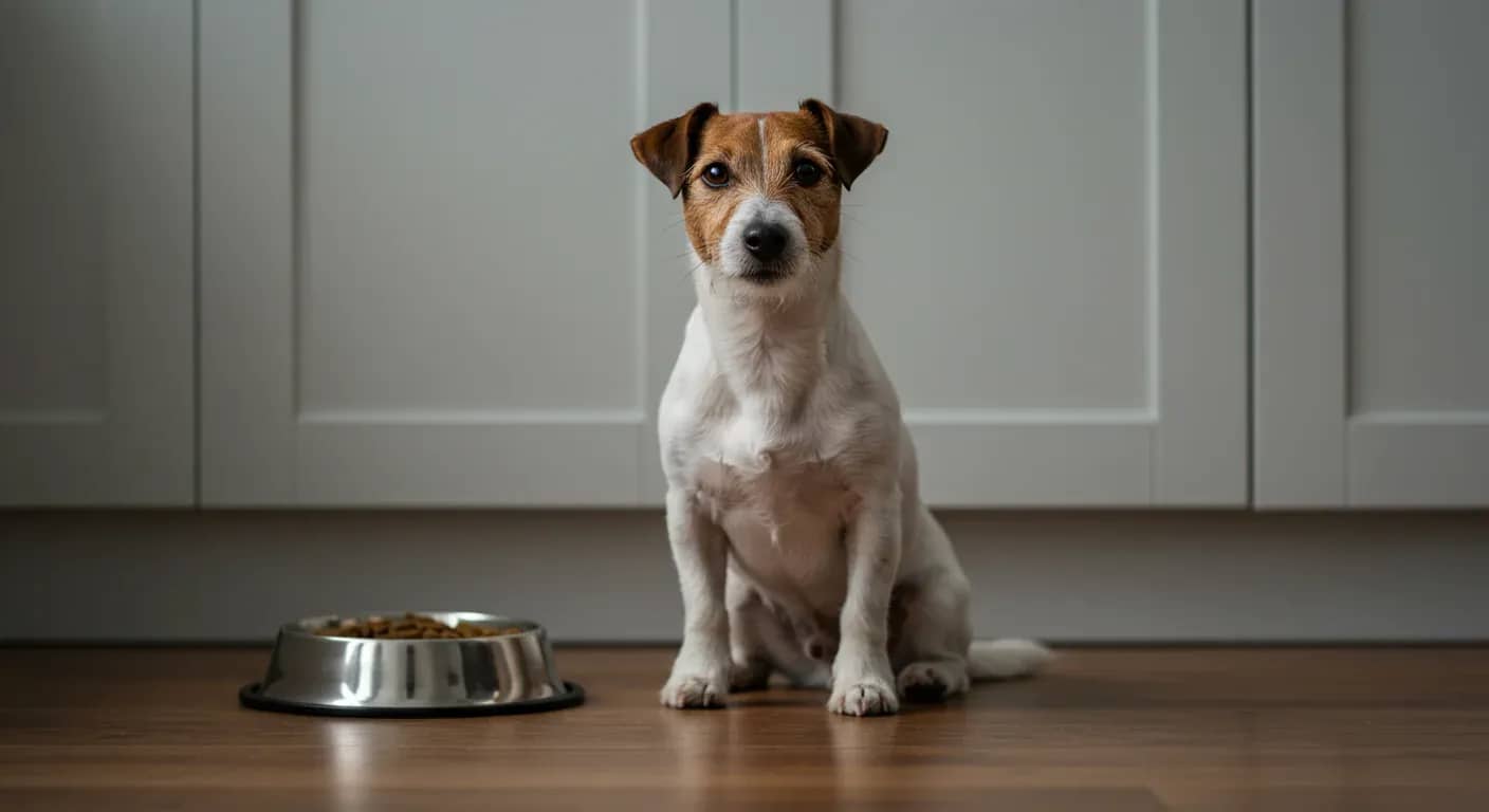 Alert Jack Russell Terrier sitting next to a food bowl in a modern kitchen, demonstrating the breed's compact size and energetic nature relevant to their specific nutritional needs